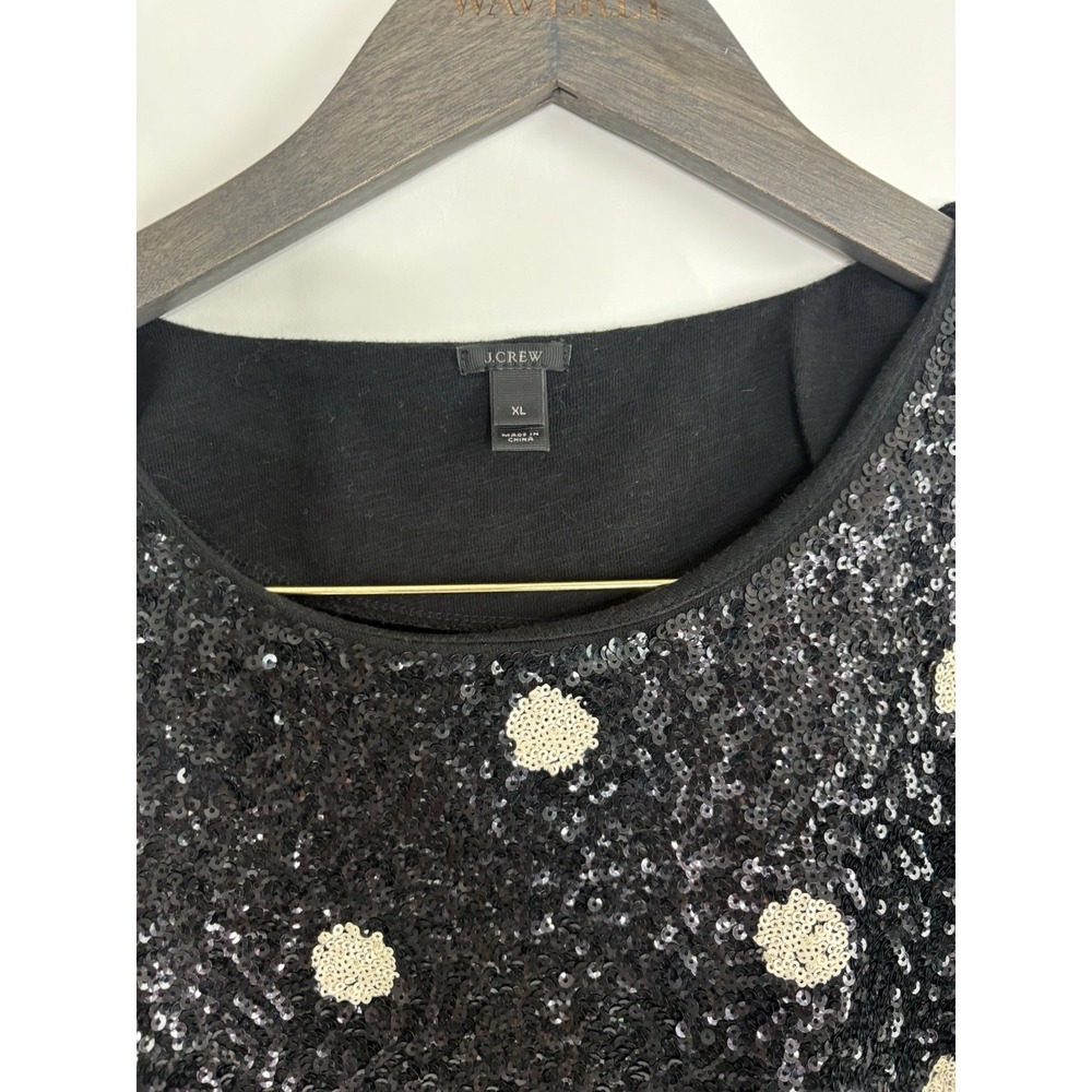 J CREW Women Xl Sequin Scoop Neck Short Sleeve Polka Dot T Shirt Top Black White - Picture 4 of 8